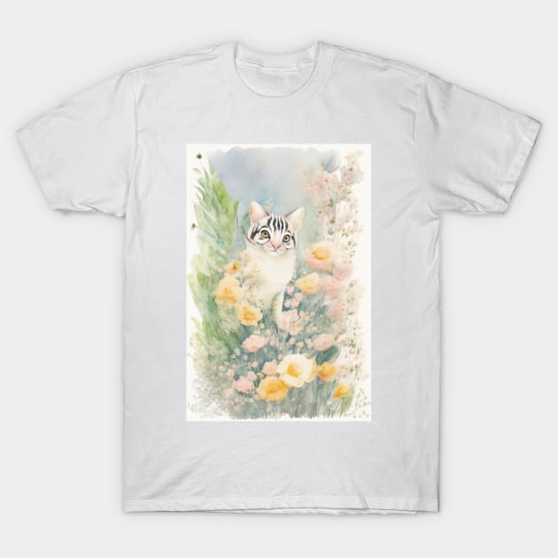 Black and White Cat in the Flower Garden T-Shirt by Stades